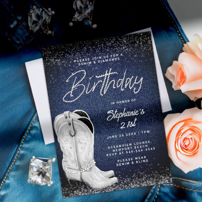 Invitation Denim Diamonds Cowgirl Boots Bling 21e anniversair (denim and diamonds birthday party invitation 21st women rhinestone bling glitter classy cowgirl boot)