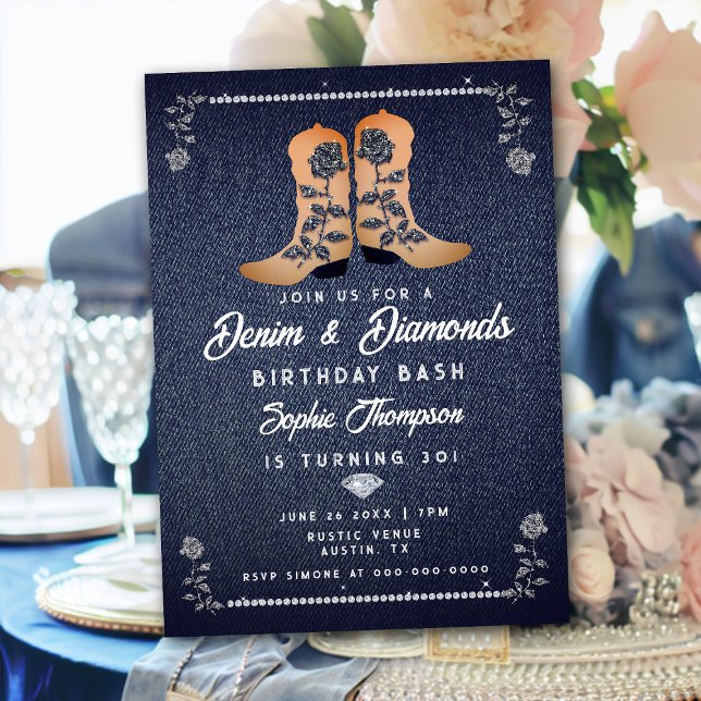 Invitation Denim Diamonds Cowgirl Boots Rose fête d'anniversa (Créateur téléchargé)