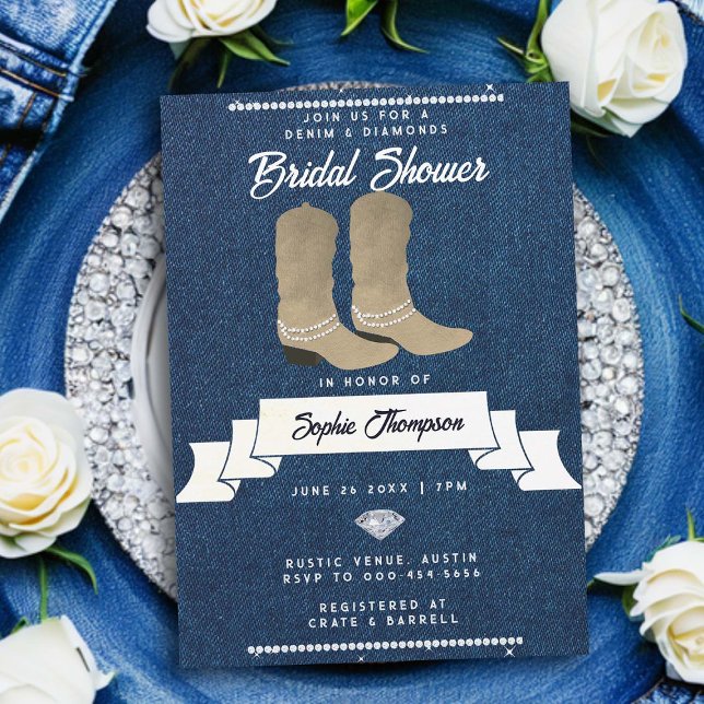 Invitation Denim Diamonds Cowgirl Bottes Fête des mariées rus (denim and diamonds bridal shower invitation rustic country western cowgirl boots classy bling chic)