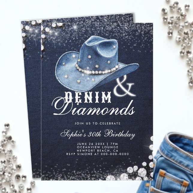 Invitation Denim Diamonds Cowgirl Casquette Script 30e annive (denim and diamonds 30th birthday party invitation blue white cowgirl hat script bling sparkles)