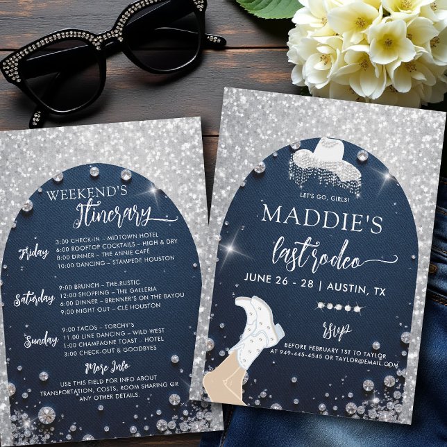 Invitation Denim Diamonds Dernier Rodeo Glam Arch Bachelorett (denim and diamonds bachelorette party invite last rodeo glam bling itinerary glitter arch)
