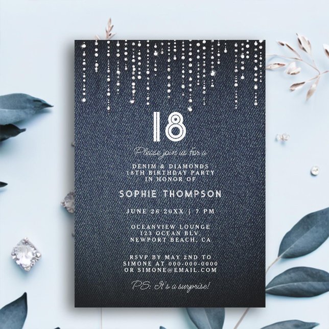 Invitation Denim Diamonds Drippings 18th Birthday Party (denim diamonds drippings glam 18th birthday party invitation for women modern classy simple luxury)