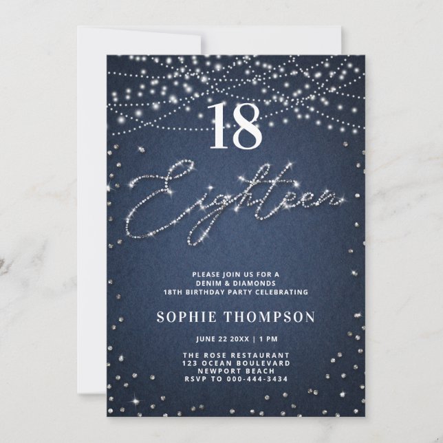 Invitation Denim Diamonds Elégante Parties scintillant Bleu 1 (Devant)