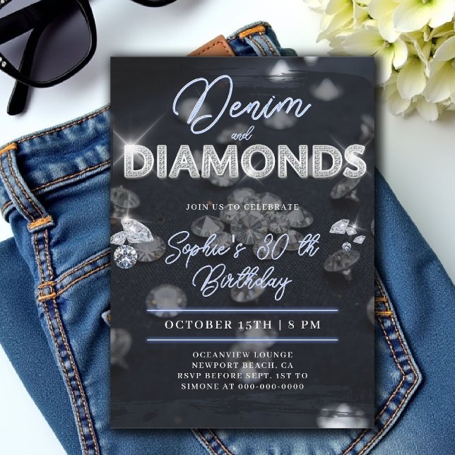 Invitation Denim Diamonds Glam Classy 30e anniversaire (denim and diamonds 30th birthday party invite glam script glitz bling sparkle blue white glow)
