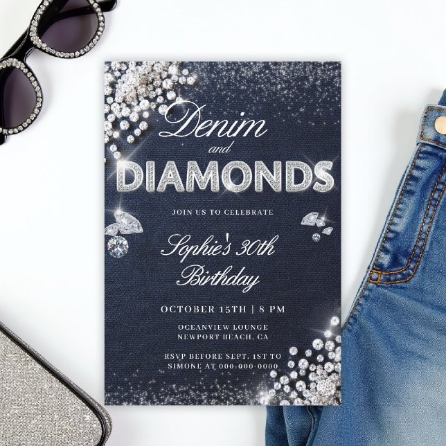 Invitation Denim Diamonds Glam Type Classy 30th Birthday (denim and diamonds 30th birthday invite glam text bling sparkle blue white)