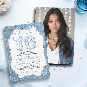 Invitation Denim Diamonds Glitter Chic Cadre Photo Sweet 16