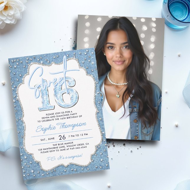 Invitation Denim Diamonds Glitter Chic Frame Photo Sweet 16 (sweet sixteen invitation 16th birthday photo template denim diamonds elegant frame bling fashion)