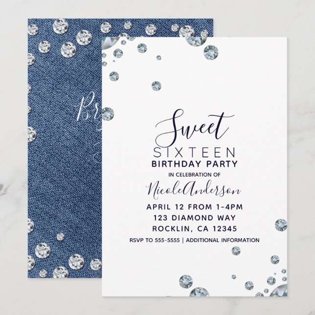 Invitation Denim & Diamonds Jean Anniversaire Sweet 16 Party (Devant / Derrière)