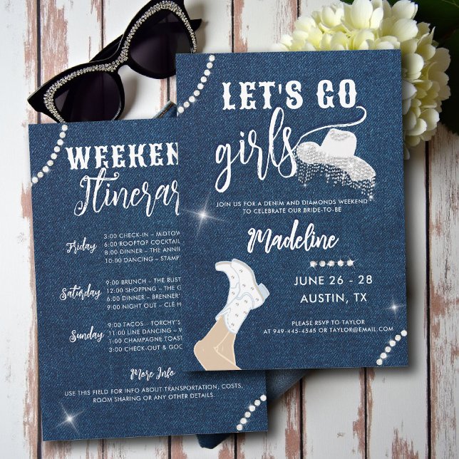 Invitation Denim Diamonds Laissons aller filles Glam Bachelor (denim and diamonds bachelorette party invite last rodeo glam bling lets go girls itinerary)
