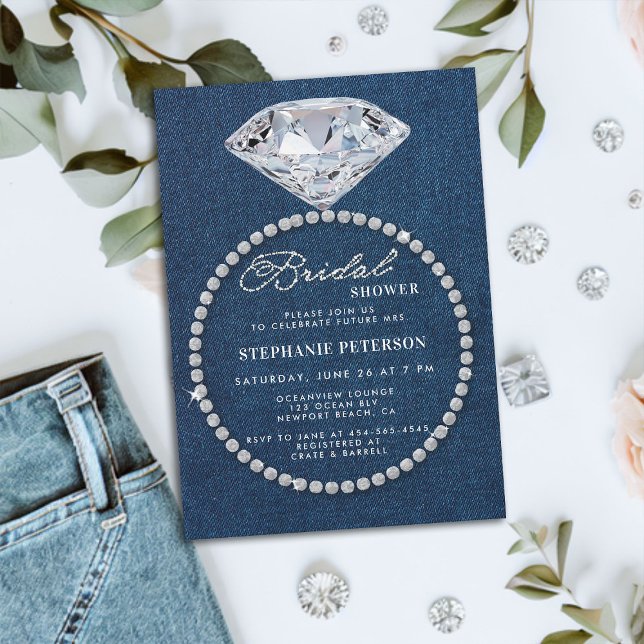 Invitation Denim Diamonds Mariage anneau Fête des mariées élé (denim and diamonds bridal shower invitation big sparkler ring classy stylish chic modern romantic)