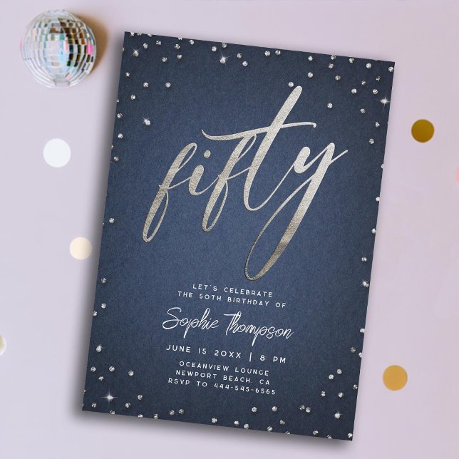 Invitation Denim Diamonds minimaliste moderne 50e anniversair (denim diamonds 50th birthday invitation for women elegant classy modern calligraphy faux foil fifty)