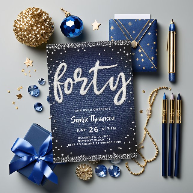 Invitation Denim Diamonds Modern Glam Classy 40e anniversaire (denim diamonds 40th birthday glam rhinestones calligraphy classy bling stylish trendy modern elegant)