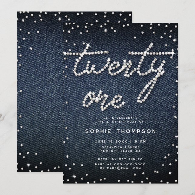 Invitation Denim Diamonds Moderne Calligraphie 21e anniversai (Devant / Derrière)