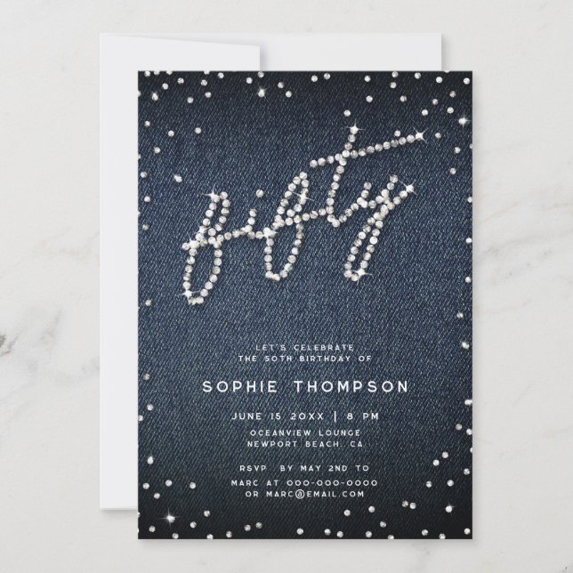 Invitation Denim Diamonds Moderne Calligraphie 50e anniversai (Devant)