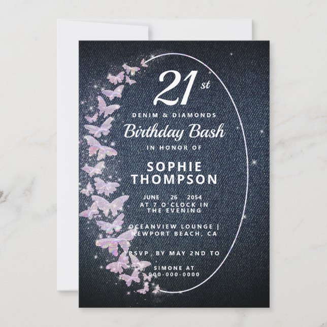 Invitation Denim Diamonds Papillon rose Cadre Anniversaire (Devant)