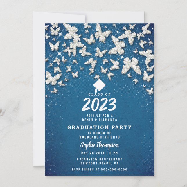 Invitation Denim Diamonds Papillons Blue Graduation Party (Devant)
