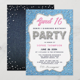 Invitation Denim Diamonds Parties scintillant Cadre Sweet 16 