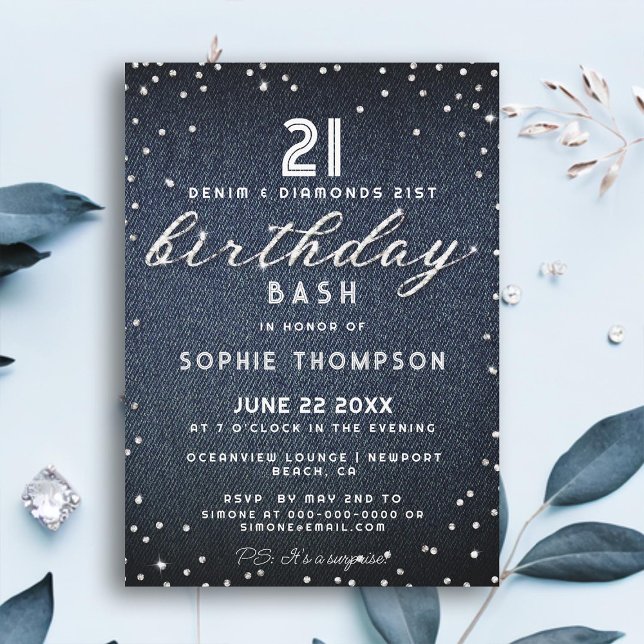Invitation Denim Diamonds Parties scintillant Élégante fête d (denim diamonds 21st birthday party invitation modern elegant chic classy simple typography glam)
