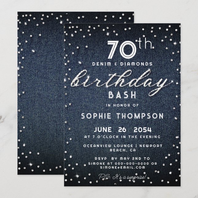 Invitation Denim Diamonds Parties scintillant Moderne 70e fêt (Devant / Derrière)