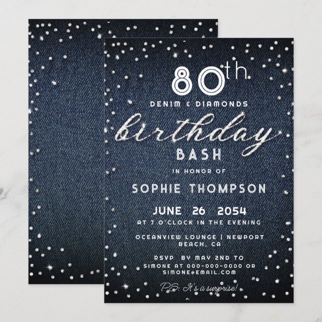 Invitation Denim Diamonds Parties scintillant Moderne 80e fêt (Devant / Derrière)