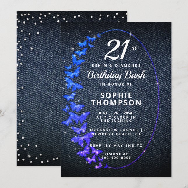 Invitation Denim Diamonds Parties scintillant Papillons fête  (Devant / Derrière)