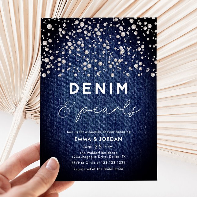 Invitation Denim Diamonds Pearls Blue Elegant Couples Douche (Créateur téléchargé)