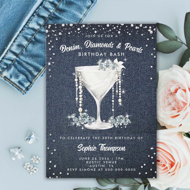 Invitation Denim Diamonds Pearls Champagne Cup Anniversaire (denim diamonds pearls birthday party invitation card elegant classy champagne bling glam glitz spark)