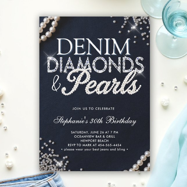 Invitation Denim Diamonds Pearls Chic Classy Élégant Annivers (denim diamonds and pearls party ideas modern classy elegant blue white invites)