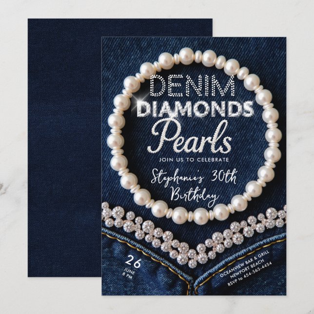 Invitation Denim Diamonds Pearls Chic Classy Moderne Annivers (Devant / Derrière)