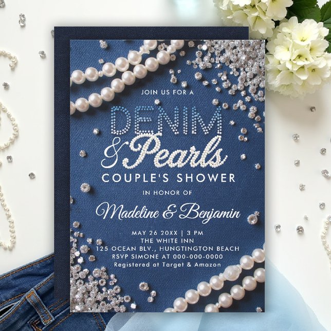 Invitation Denim Diamonds Pearls Élégante Douche Couple Moder (denim and pearls couple wedding shower invitation coed jack jill blue white elegant modern classy )