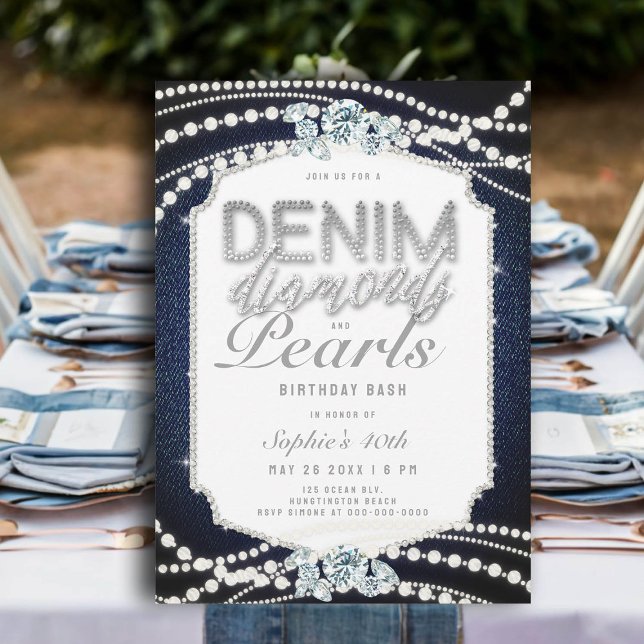 Invitation Denim Diamonds Pearls Frame 40e anniversaire fête (denim and diamonds 40th birthday invitations for women pearls frame classy bling glitz glam rustic)
