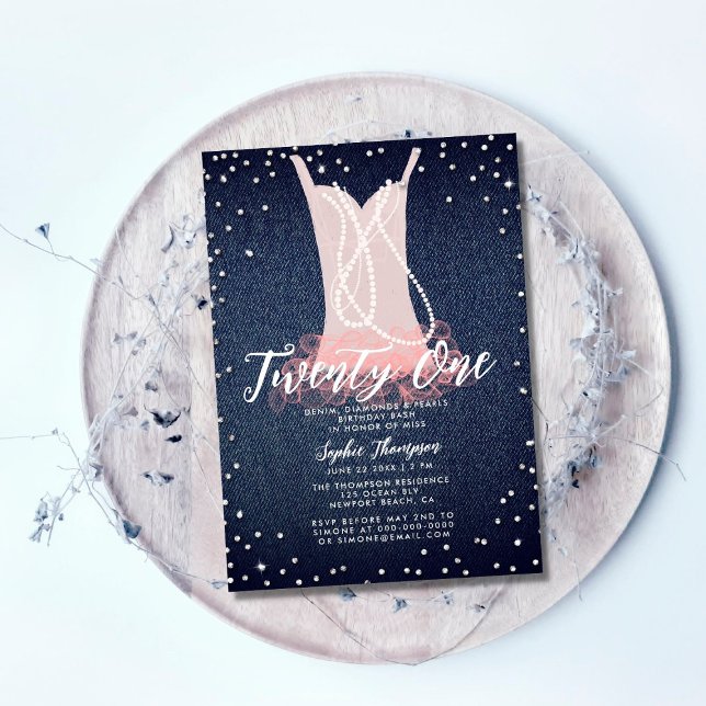 Invitation Denim Diamonds Pearls Pink Tutu 21e anniversaire B (Créateur téléchargé)
