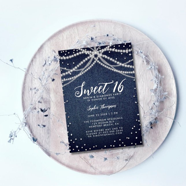 Invitation Denim Diamonds Pearls Sweet 16 Chic fête d'anniver (Créateur téléchargé)