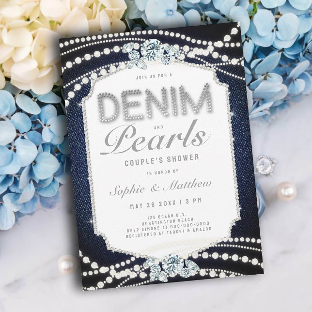 Invitation Denim Diamonds Pearls Wedding shower de fond (wedding shower ideas denim diamonds pearls invitations coed jack jill couples blue elegant casual)
