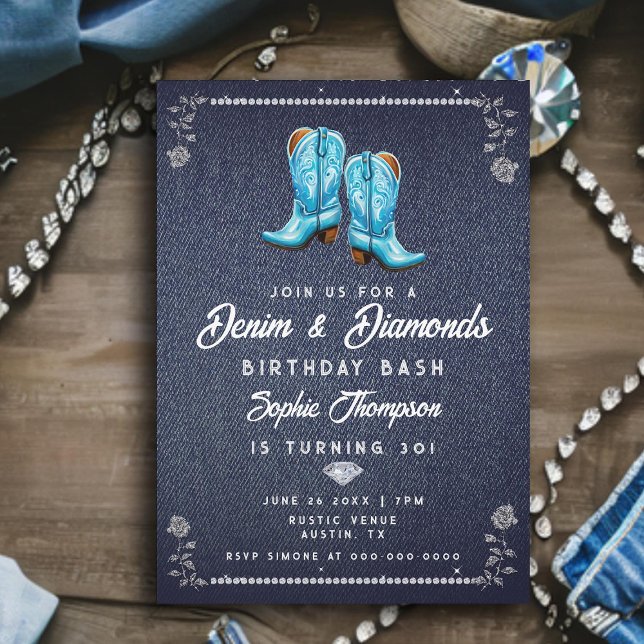 Invitation Denim Diamonds Rustic Cowgirl Boots fête d'anniver (denim diamonds birthday party for women rustic glam blue cowgirl boots elegant classy bling roses)