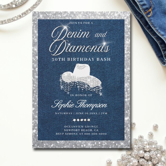 Invitation Denim Diamonds Script Bling 30e fête d'anniversair (denim and diamonds invitations 30th 50th sweet 16 elegant classy blue white bling script frame)
