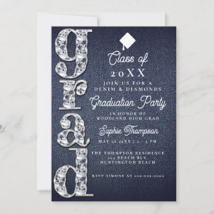 Invitation Denim Diamonds Script Blue Jeans Graduation Party