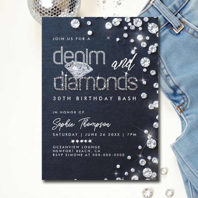 Invitation Denim Diamonds Theme Classy 30e Anniversaire (denim and diamonds invitations 30th 50th sweet 16 elegant classy bling template)