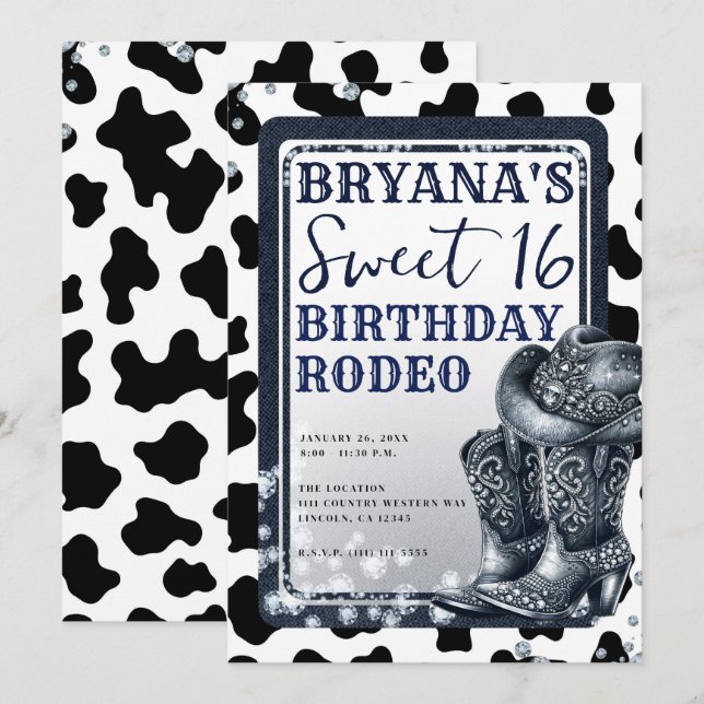 Invitation Denim & Diamonds Western Glam Cowgirl Sweet 16 (Devant / Derrière)