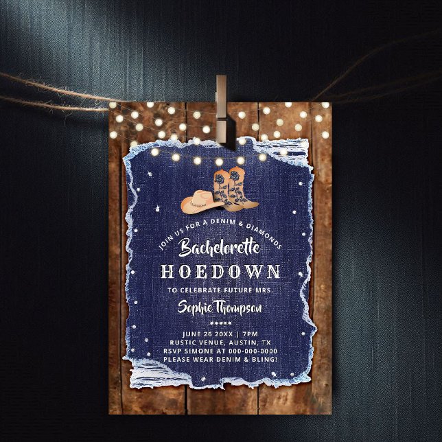 Invitation Denim Diamonds Western Rustic Hodown Bachelorette (denim and diamonds bachelorette party invitation rustic wood blue white cowgirl boots hat hoedown)