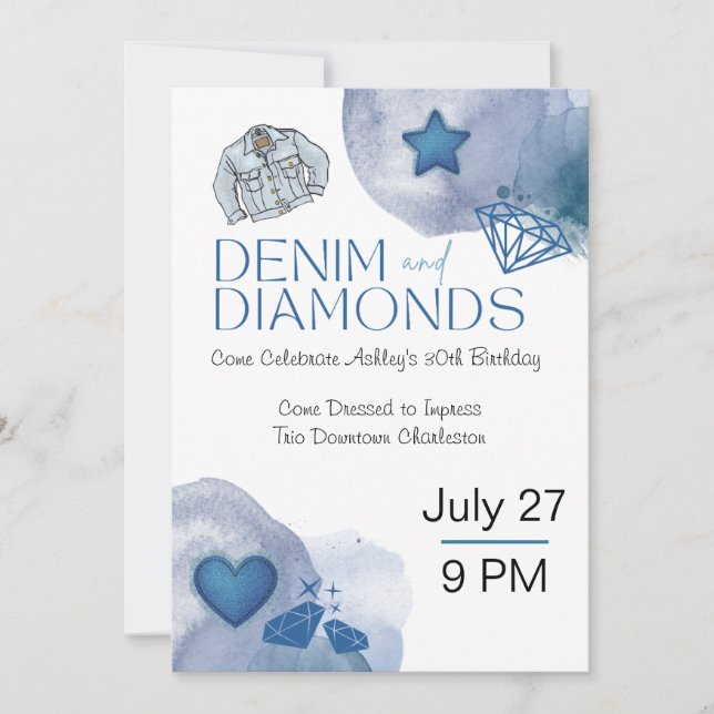Invitation Dénim et Diamants Thème Anniversaire (Devant)