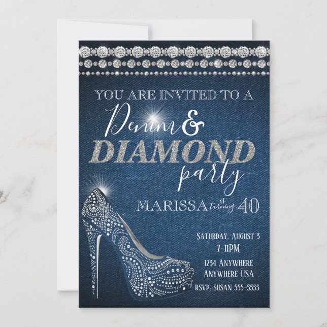 Invitation Denim et Diamond Anniversaire Party, élégant, talo (Devant)