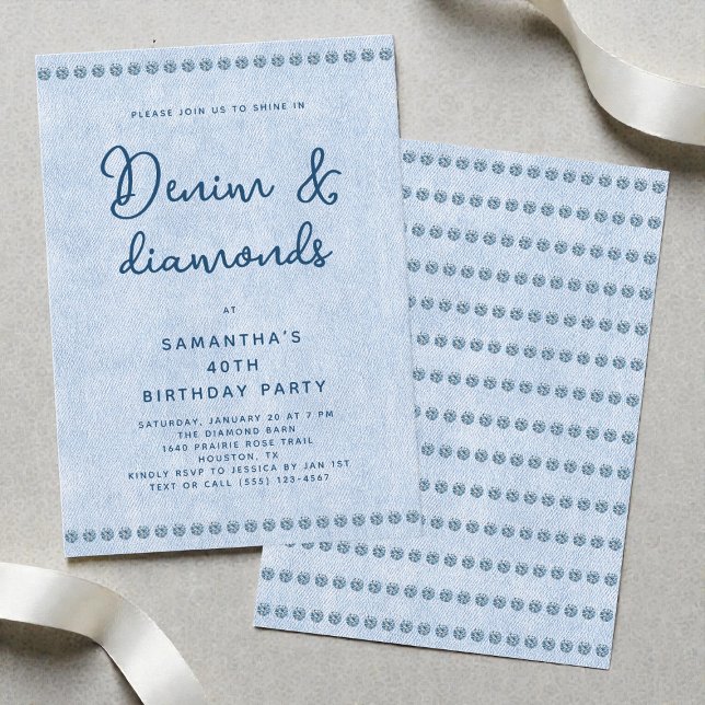 Invitation Denim et Diamonds Blue Jeans 40e fête d'anniversai (Denim and Diamonds Blue Jeans 40th Birthday Party Invitation)