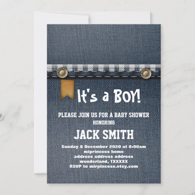 Invitation denim, jean bleu, cowboy, baby shower occidental (Devant)