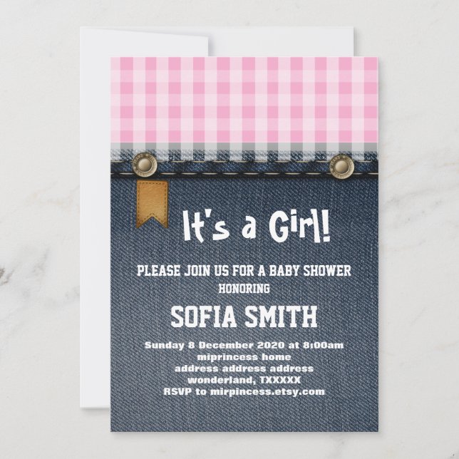 Invitation denim, jean bleu, cowboy, baby shower occidental (Devant)