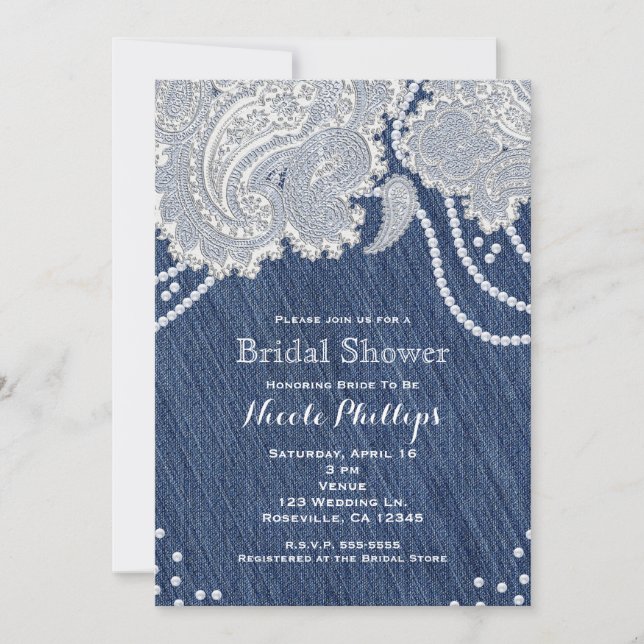 Invitation Denim Jean Pearls White Paisley Lace Fête des mari (Devant)