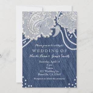 Invitation Denim Jean Pearls & White Paisley Lace Mariage