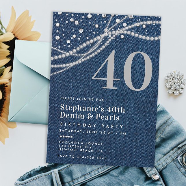 Invitation Denim Pearls Élégante fête moderne 40e anniversair (denim pearls 40th birthday invitation for women rustic classy elegant modern chic stylish blue white)
