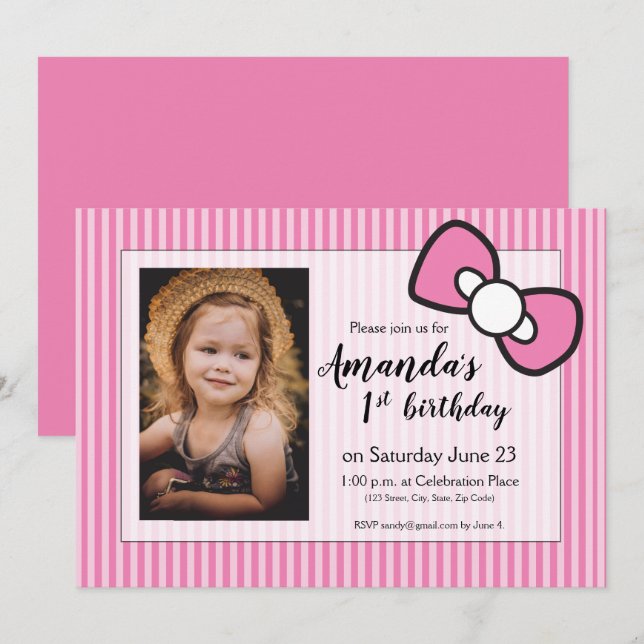 Invitation Dentelez le premier anniversaire, rayures, arc, (Devant / Derrière)