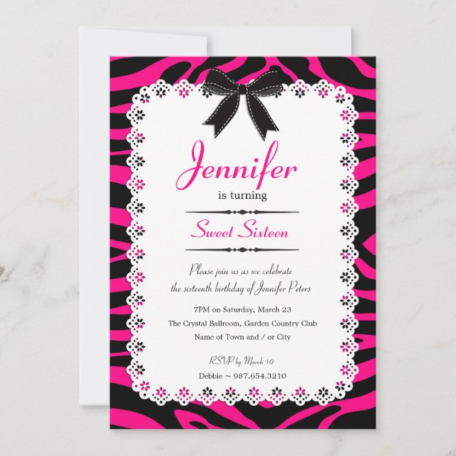 Invitation Dentelle avec/ Hot rose et noir Zebra Stripes Swee (Devant)